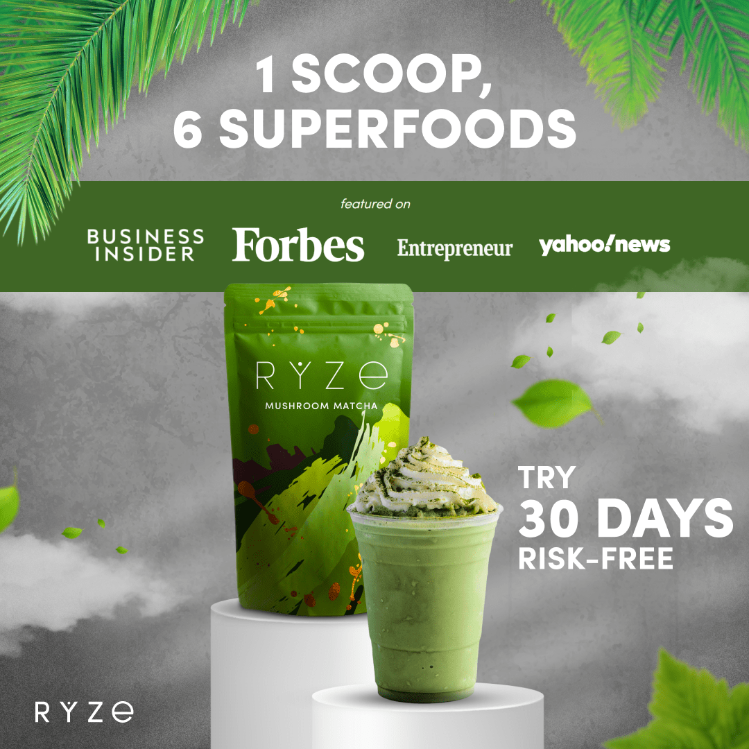 RYZE Mushroom Matcha - with 6 Organic Adaptogenic Mushrooms Grown In USA and Ceremonial-Grade Japanese Matcha - Q6AG