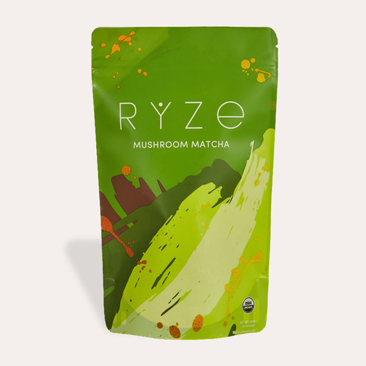 RYZE Mushroom Matcha - with 6 Organic Adaptogenic Mushrooms Grown In USA and Ceremonial-Grade Japanese Matcha - Q6AG